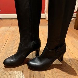 Knee high Anne Klein, leather upper, stretch back.
